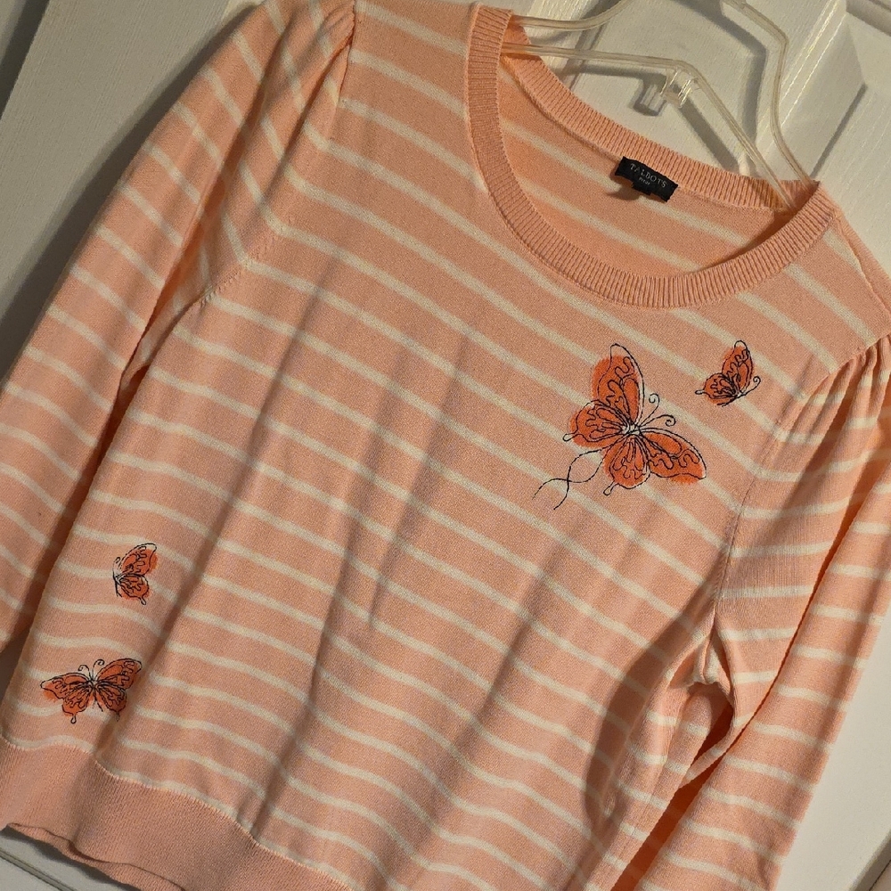 Talbots Coral and White Striped Sweater with Butterfly Design
